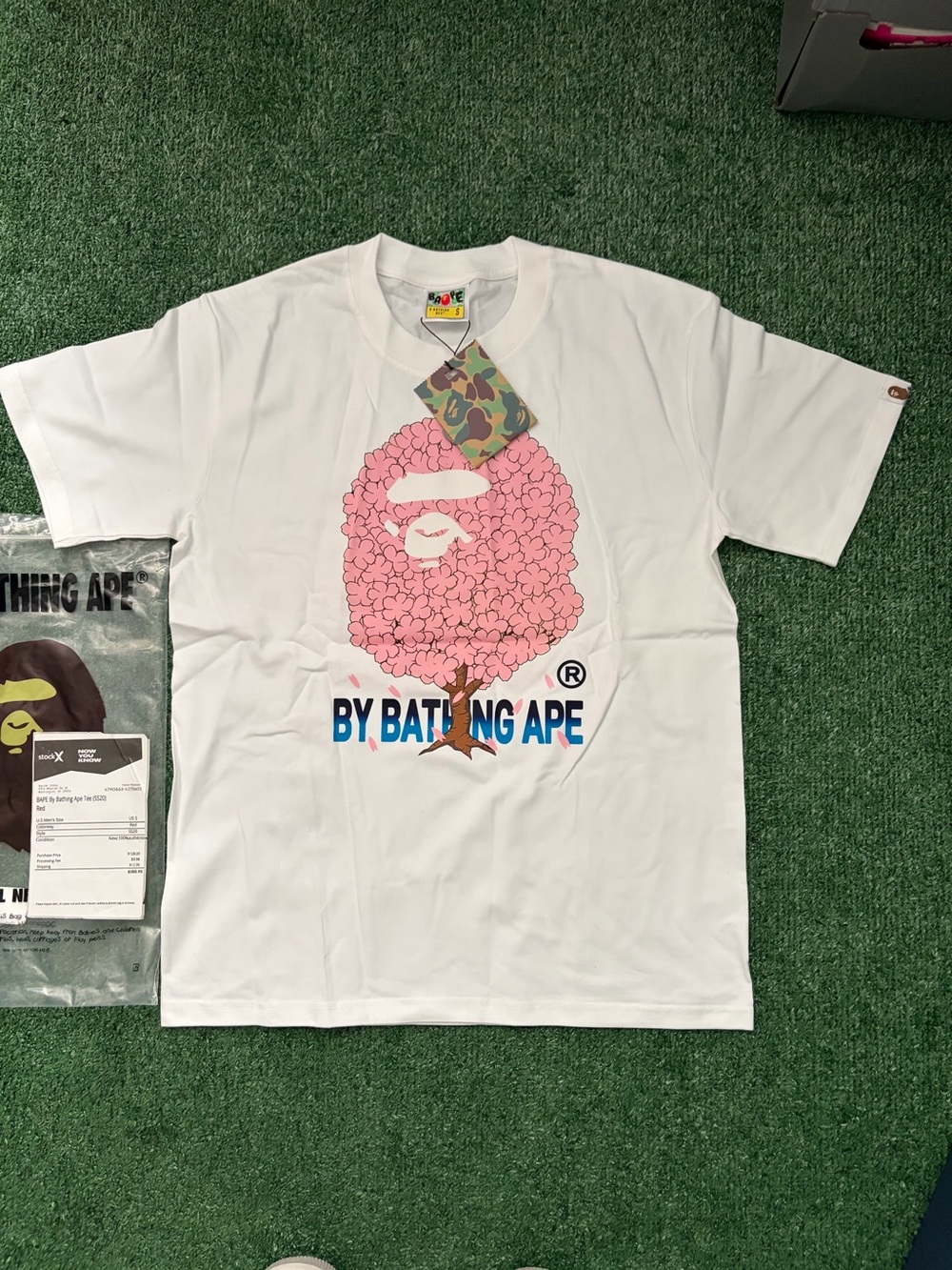Bape White Tee with Pink Cherry Blossom Ape Graphic